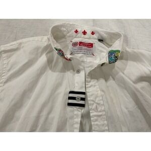 Robert Graham Mens White Cotton Button Down Shirt Fleur De Lis Trim Sz L